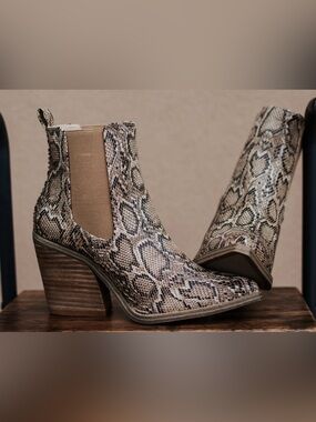 Snake-Print Chelsea Booties in Neutral Taupe